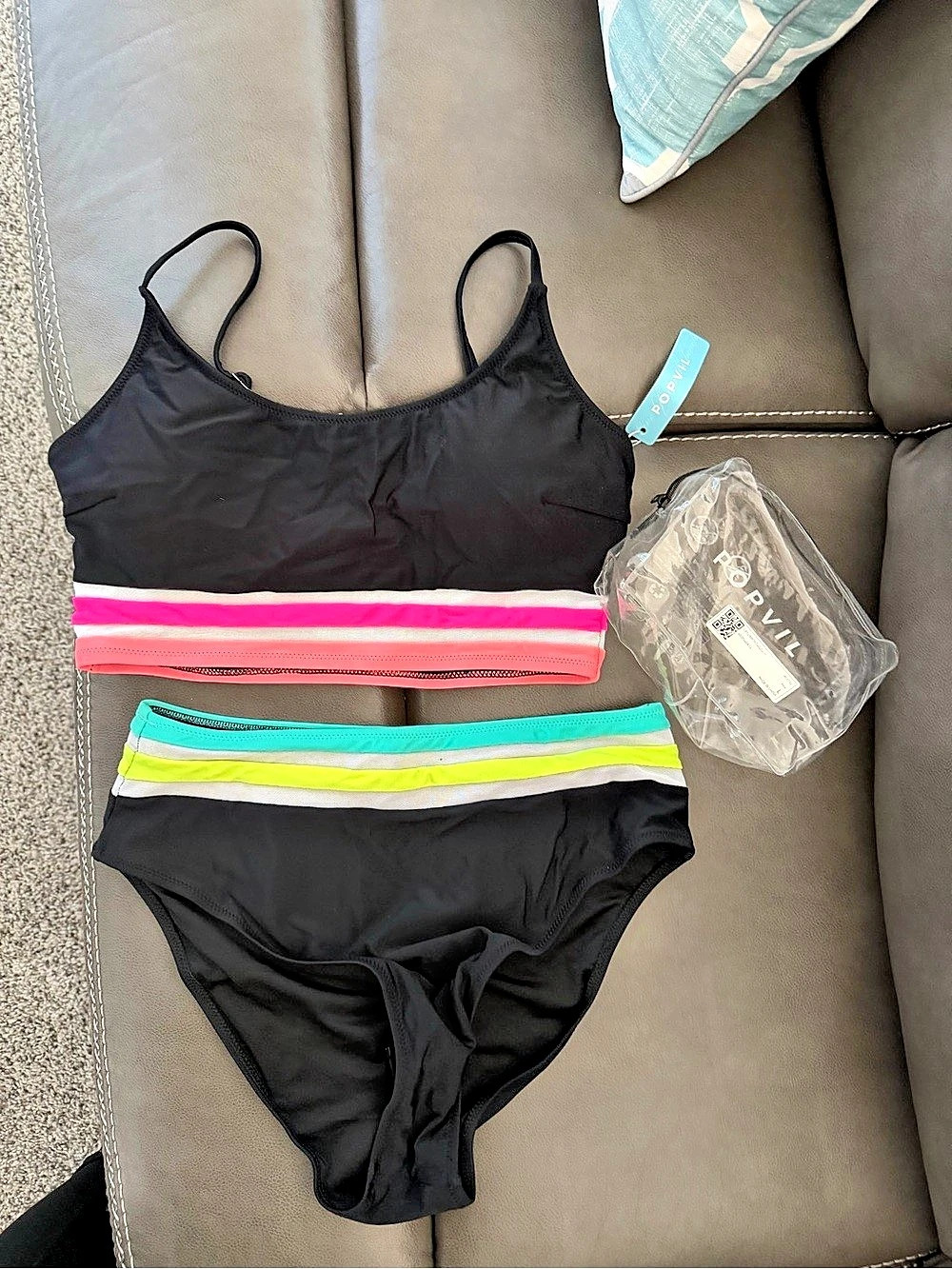 Popvil Color Block Bikini Set in Black & Pink NWT